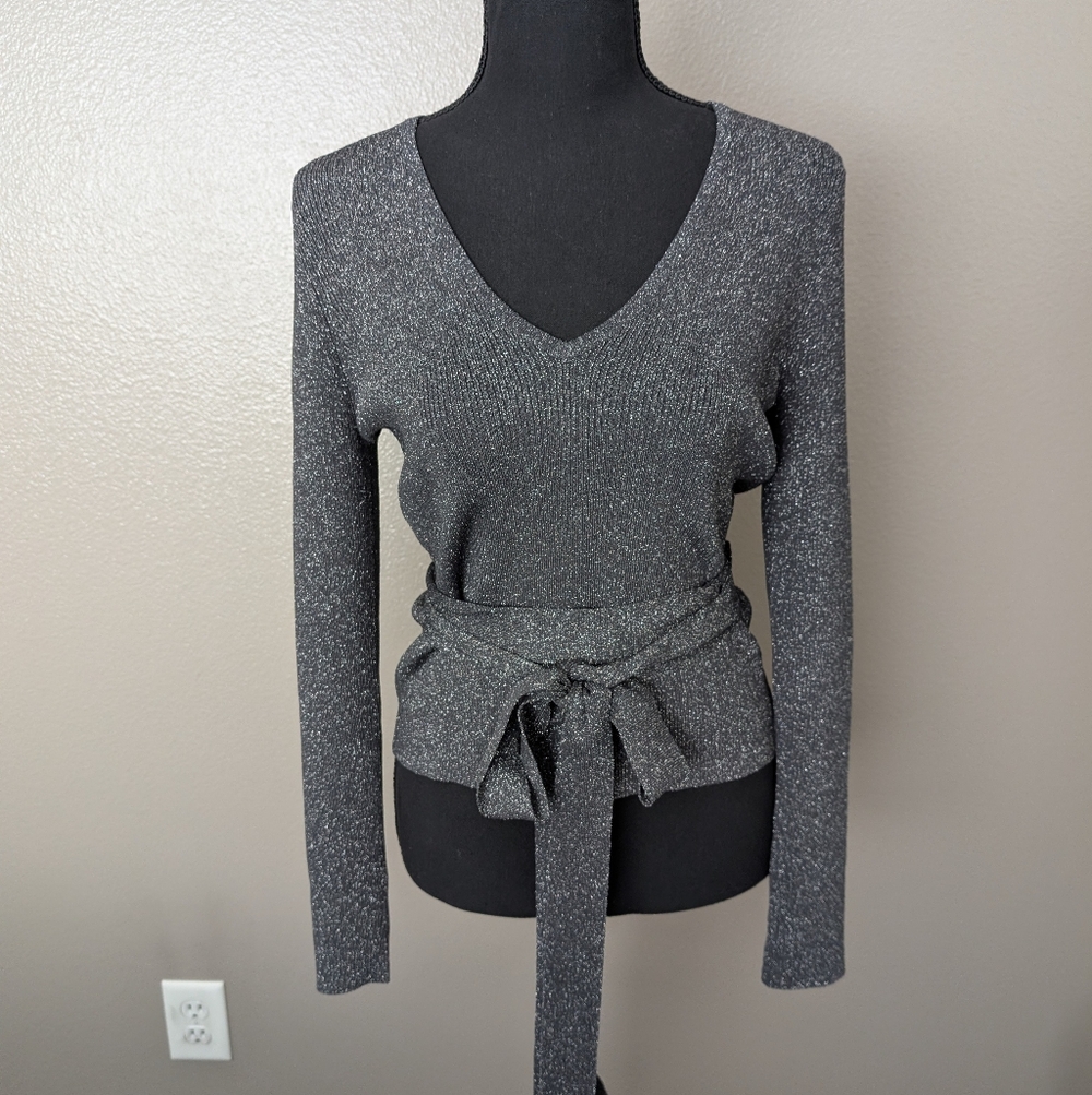 Classy, Flattering, BCBG, V-neck, Wrap-around Sweater. Black with silver. L